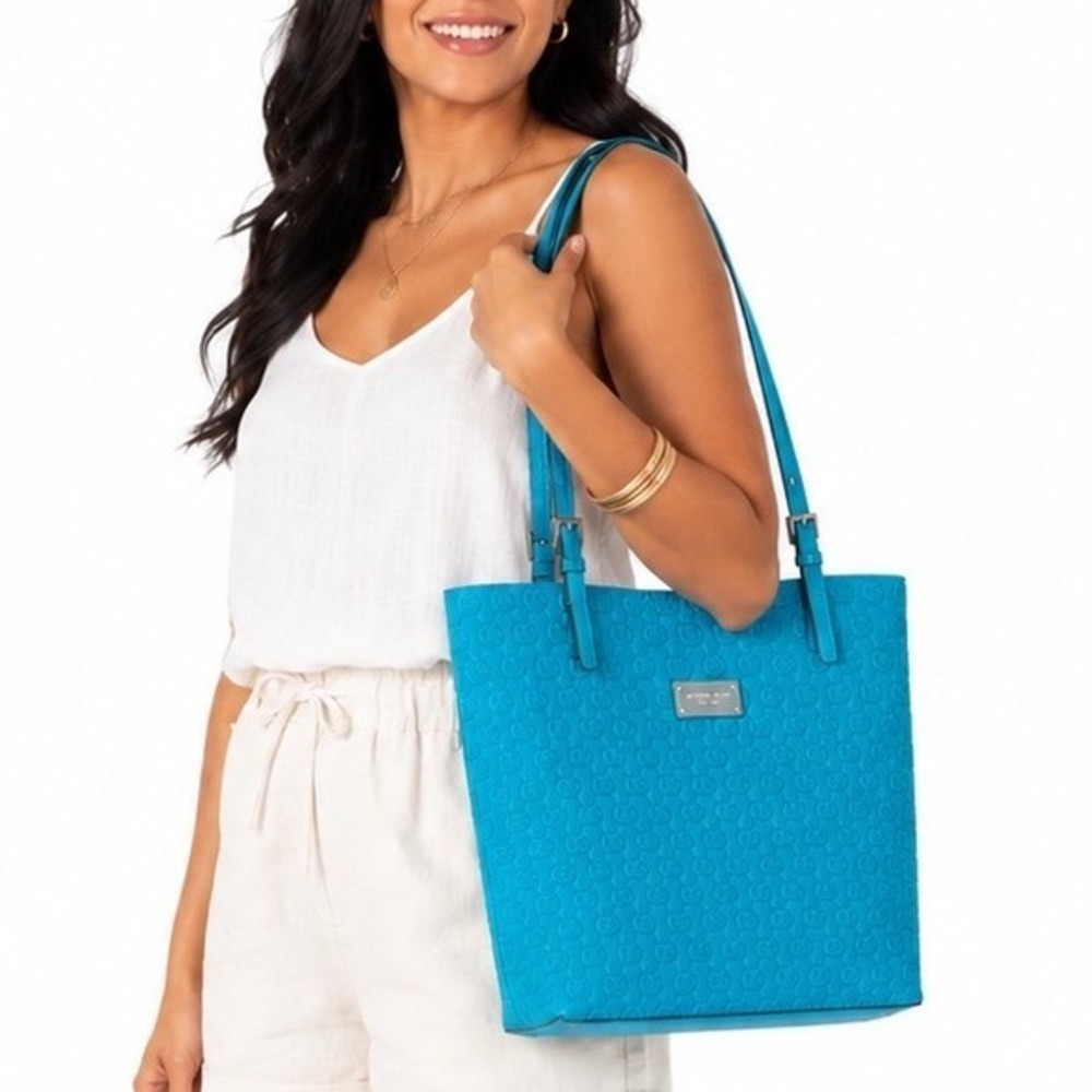 Michael Kors Turquoise Blue Embossed Monogram Logo Tote Bag Patent Trim Shoulder